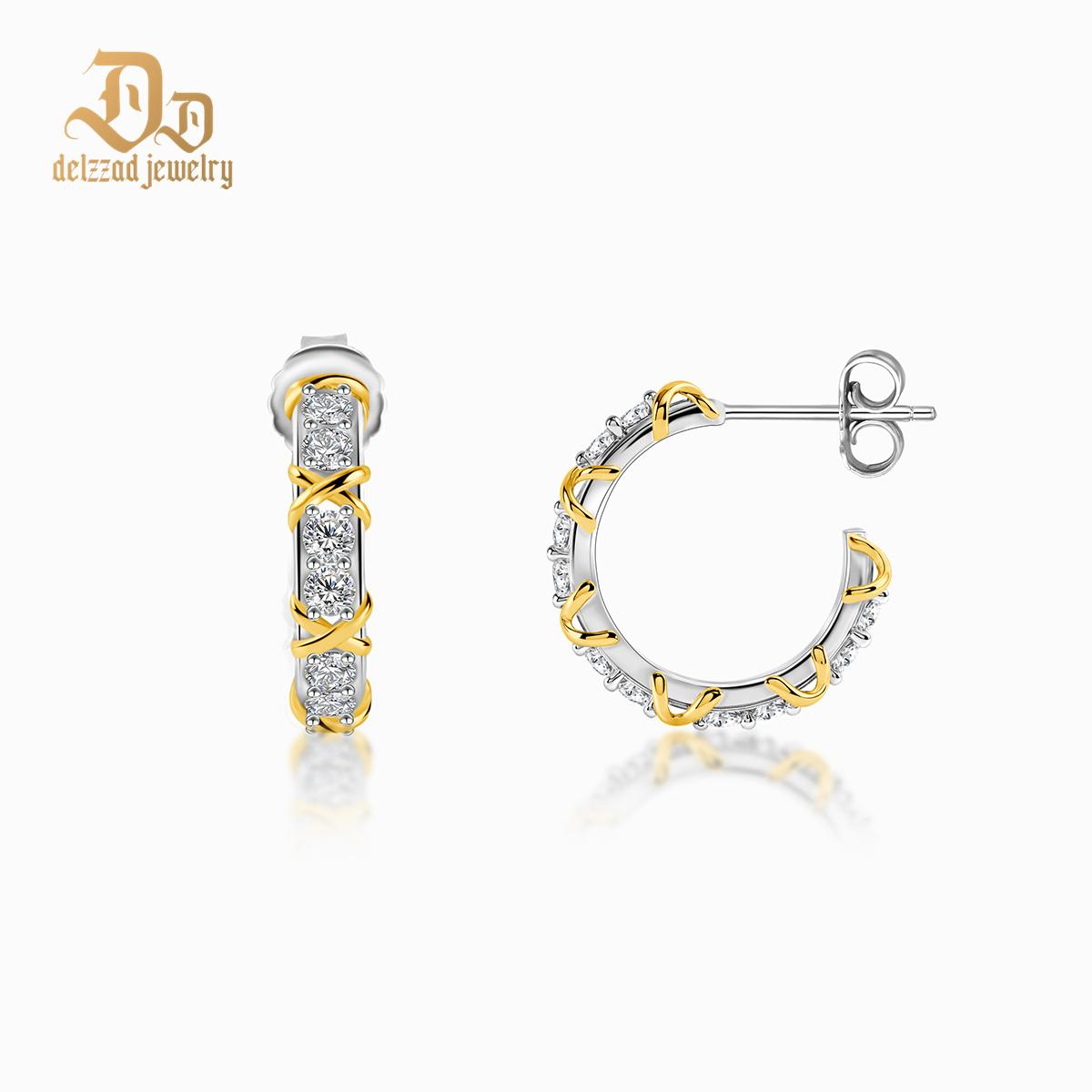 Delzzad Round Dipped Two-Tone Crossover Hoop Earrings S925 & D Color VVS Synthetic Moissanite