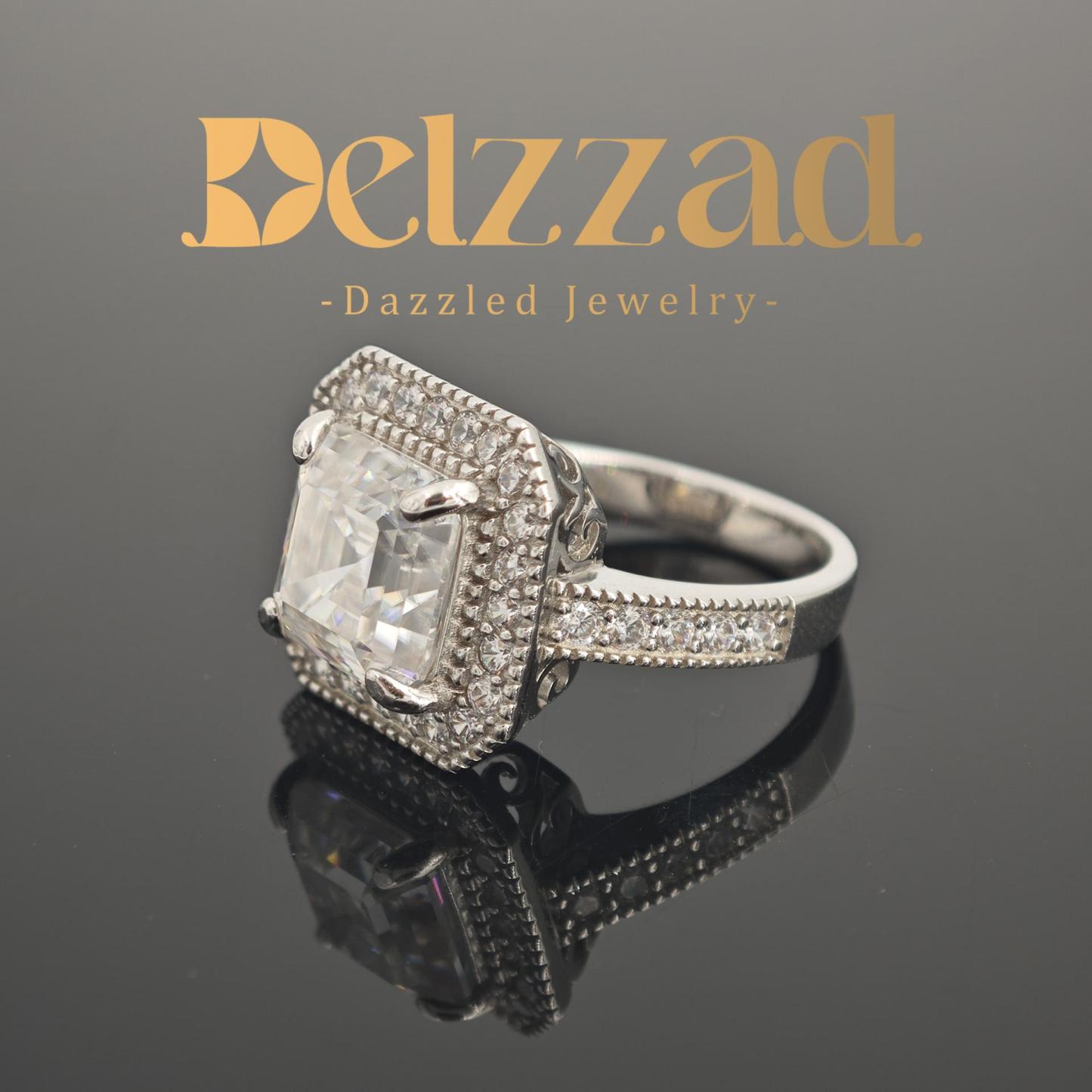 3ct Square Synthetic Moissanite Asscher Cut Halo Ring In 925 Sterling Silver