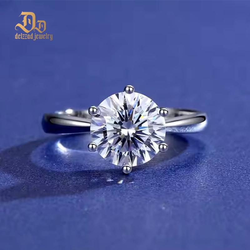 Delzzad S925 1-2ct Round VVS Synthetic Moissanite Classic Six-Prong Ring Band Anniversary Valentine's Day Gifts