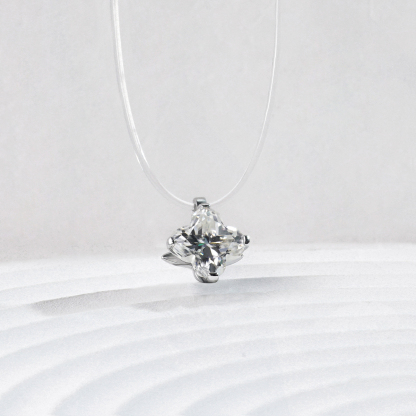 Delzzad 1ct Charming Clover Cut Pendant Necklace Fishing Line Chain Lab-Created Moissanite Necklace S925 Sterling Silver Moissanite Jewelry Engagement Wedding Anniversary Perfect Gifts