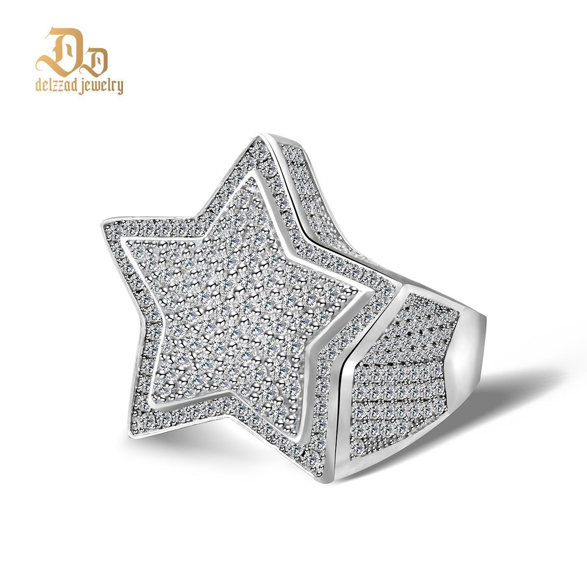 Delzzad S925 Round VVS Synthetic Moissanite Hip Hop Iced Out Stars Bling Pentagram Band Ring Valentine's Day Gifts for Men