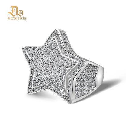 Delzzad S925 Round VVS Synthetic Moissanite Hip Hop Iced Out Stars Bling Pentagram Band Ring Valentine's Day Gifts for Men