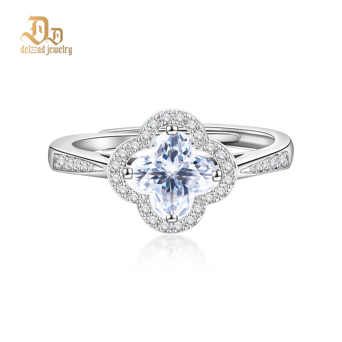 Delzzad Sparkling Adjustable Four-Leaf Clover Cluster Ring Lab-Created Moissanite Engagement Ring S925 Sterling Silver Moissanite Jewelry Perfect Gift