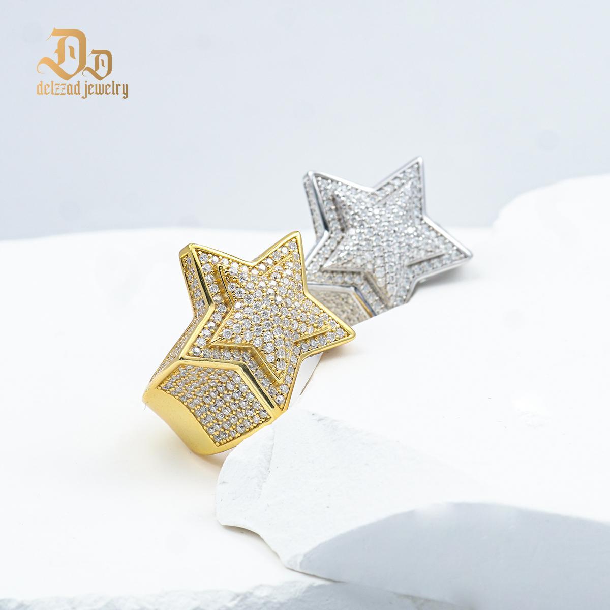 Delzzad S925 Round VVS Synthetic Moissanite Hip Hop Iced Out Stars Bling Pentagram Band Ring Valentine's Day Gifts for Men