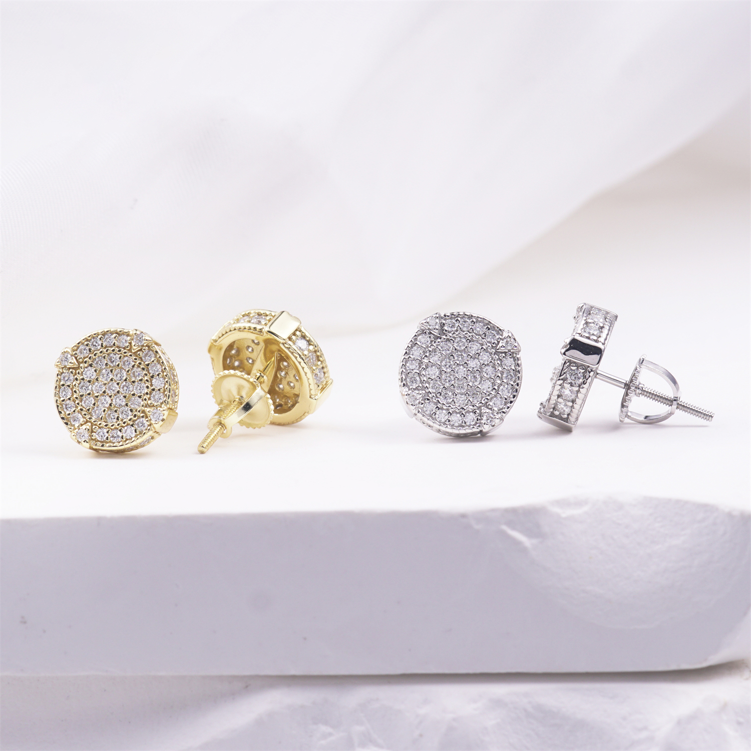 BLINGSHIELD Round Pave Stud Earrings Screw Back Butterfly Back 925S & VVS Moissanite