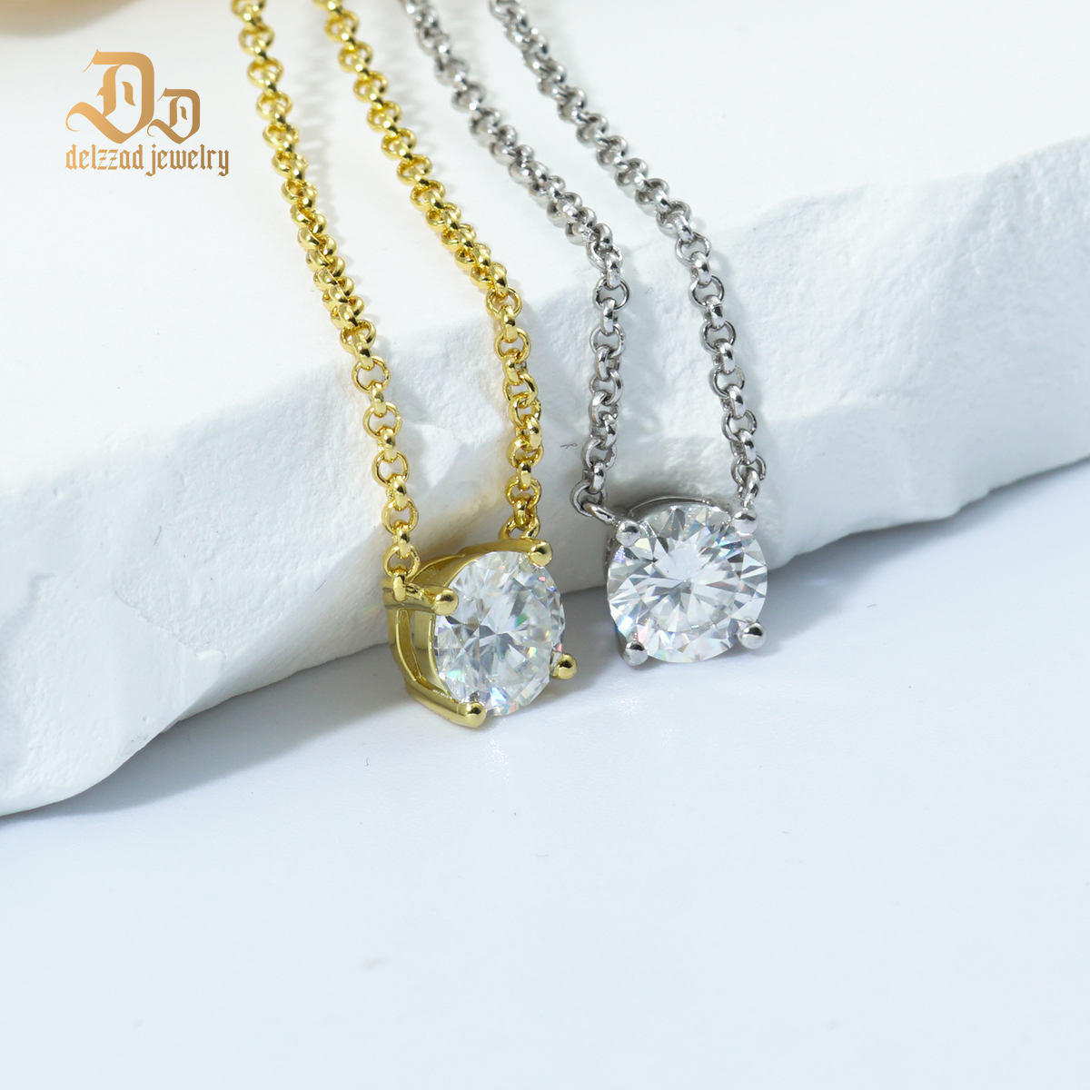 Delzzad S925 1ct Synthetic Moissanite Classic Round Four Prong Necklace
