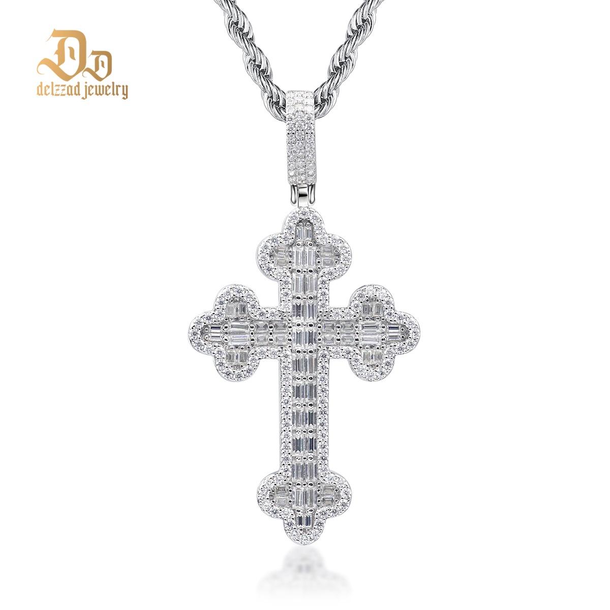 Delzzad S925 VVS Synthetic Moissanite Exquisite Hip Hop Punk Bling Cross Pendant Necklace Valentine's Day Anniversary Gift
