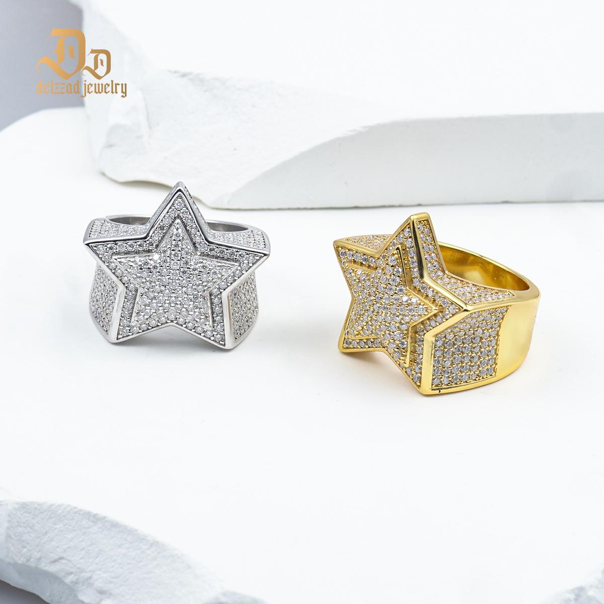 Delzzad S925 Round VVS Synthetic Moissanite Hip Hop Iced Out Stars Bling Pentagram Band Ring Valentine's Day Gifts for Men