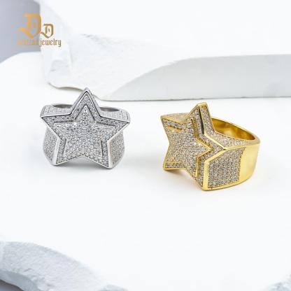 Delzzad S925 Round VVS Synthetic Moissanite Hip Hop Iced Out Stars Bling Pentagram Band Ring Valentine's Day Gifts for Men