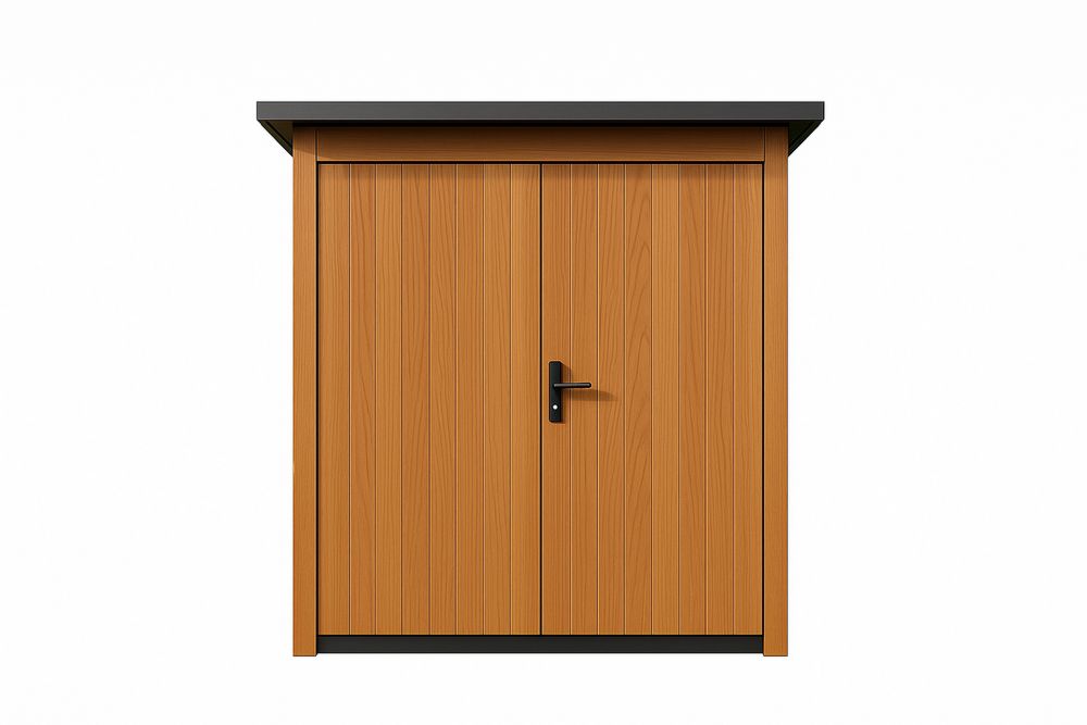 Abri de jardin en acier galvanisé avec finition en bois de chêne et toit plat