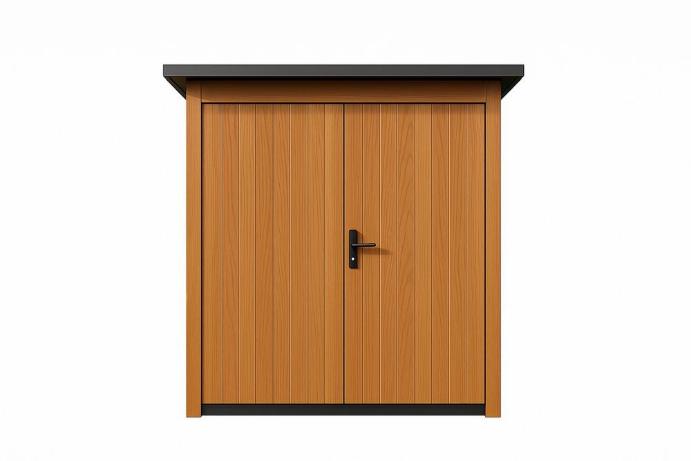 Abri de jardin en acier galvanisé avec finition en bois de chêne et toit plat