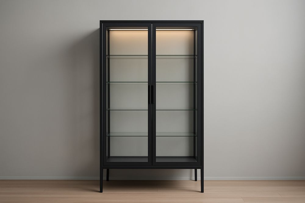 Étagère en aluminium et verre avec portes noires