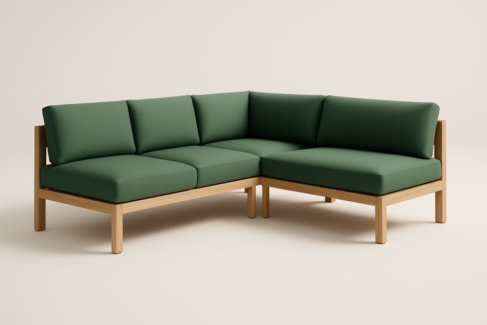 Canapé d'angle en hêtre et tissu vert, avec coussins