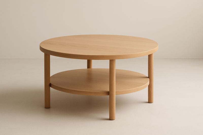 Table basse ronde en bois avec étagère inférieure