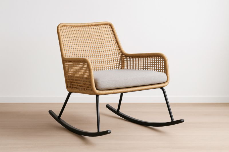 Fauteuil à bascule en rotin synthétique beige avec coussin en polyester gris