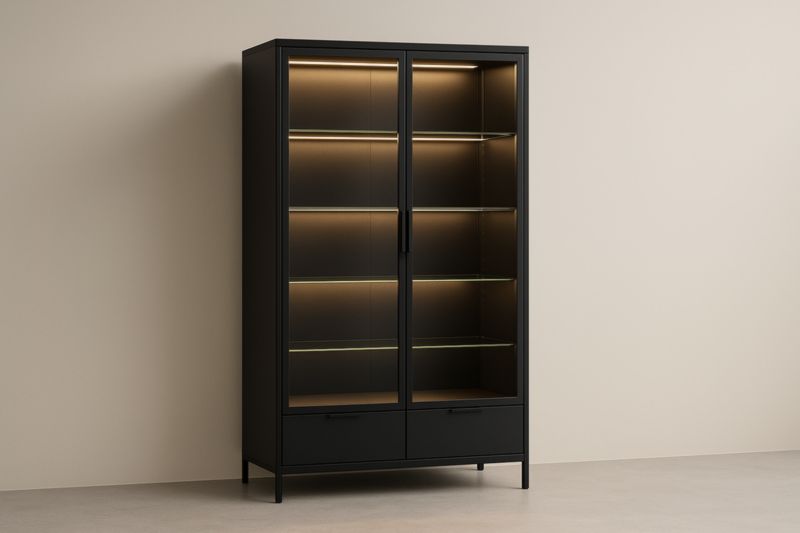 Armoire Vitrine Métal Verre Noir avec Éclairage LED