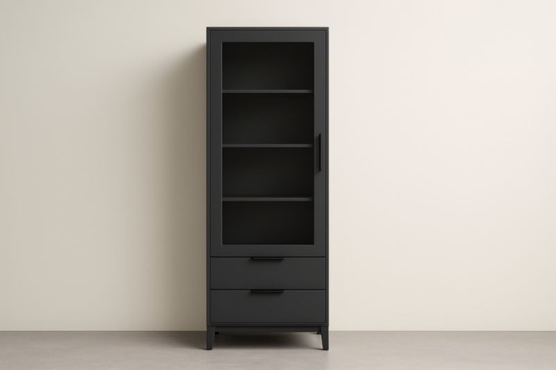 Armoire vitrine en bois MDF noir avec portes vitrées et tiroirs 60x40x180 cm