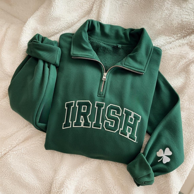  Patrick's Day Quarter Zip Sweatshirt, Irish Clover Sweater, Shamrock Pullover