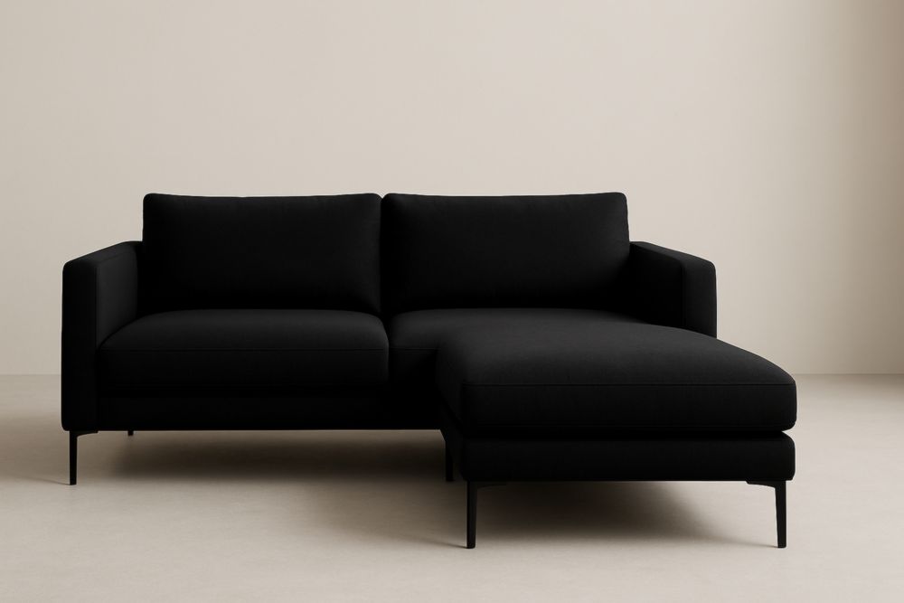 Divano angolare nero in tessuto poliestere con chaise longue