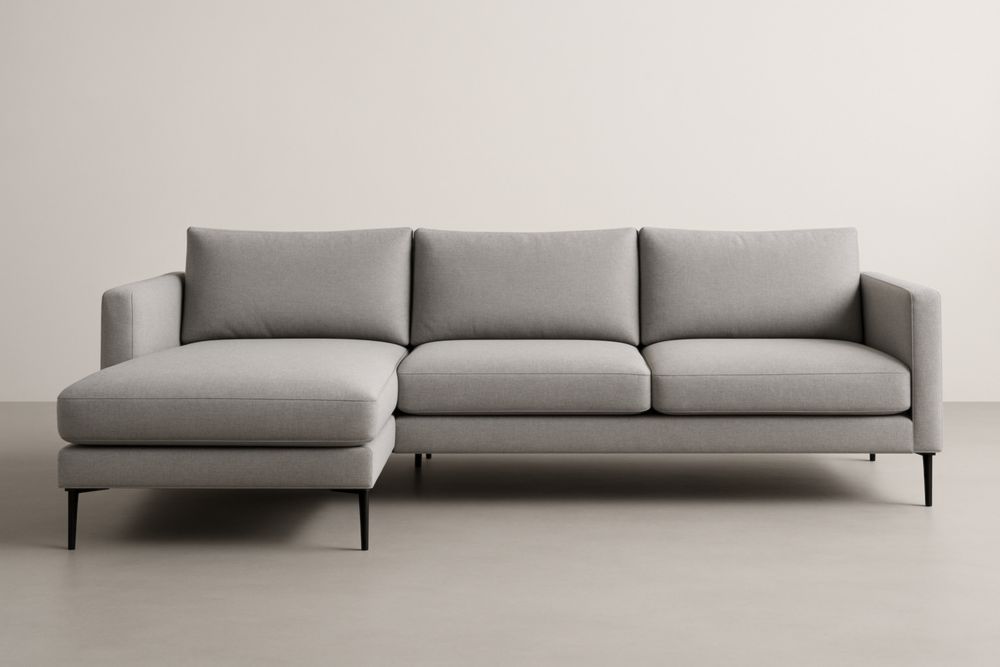 Divano angolare in tessuto poliestere grigio con chaise longue a sinistra