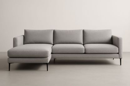 Divano angolare in tessuto poliestere grigio con chaise longue a sinistra