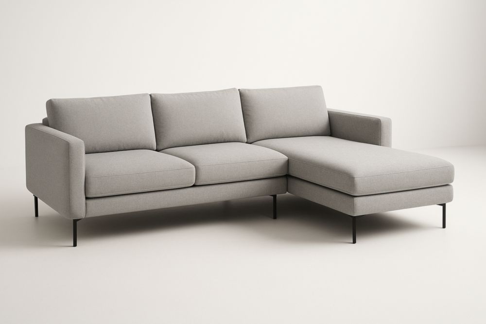 Divano angolare grigio in tessuto di poliestere con struttura in legno massello e gambe in acciaio