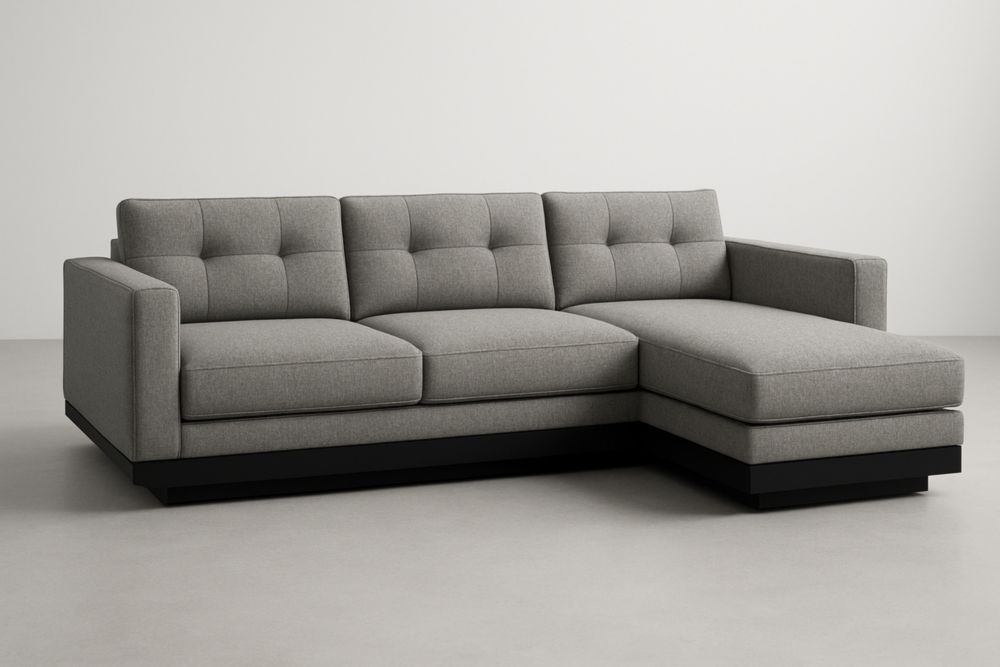 Divano angolare in tessuto di poliestere grigio con base nera