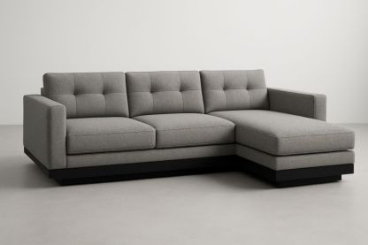 Divano angolare in tessuto di poliestere grigio con base nera