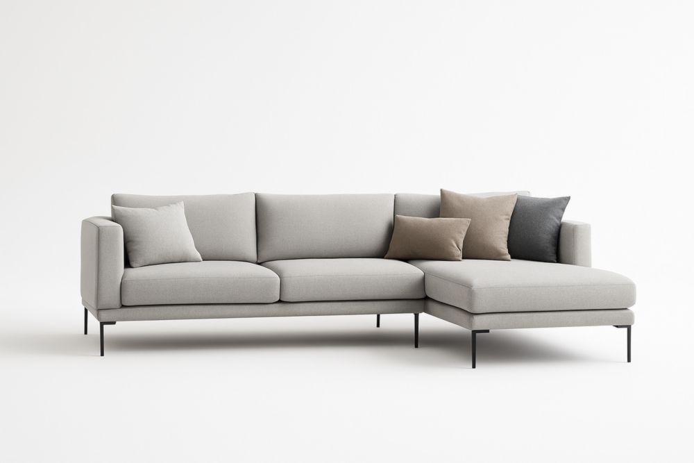 Divano angolare componibile in tessuto poliestere grigio con struttura in acciaio