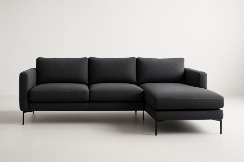 Divano angolare in tessuto di poliestere grigio scuro con chaise longue