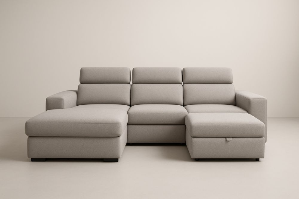 Divano modulare a L in tessuto di poliestere grigio con chaise longue