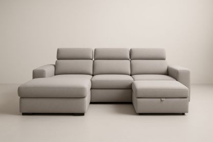 Divano modulare a L in tessuto di poliestere grigio con chaise longue