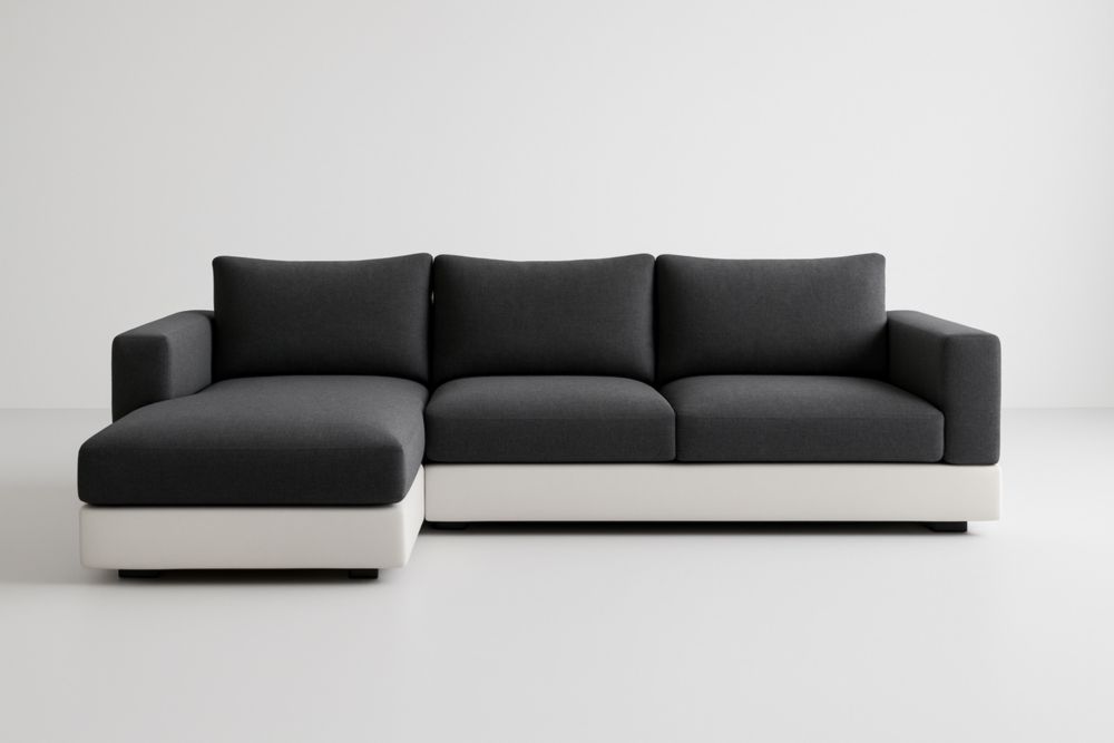 Divano angolare in tessuto poliestere grigio antracite con base bianca