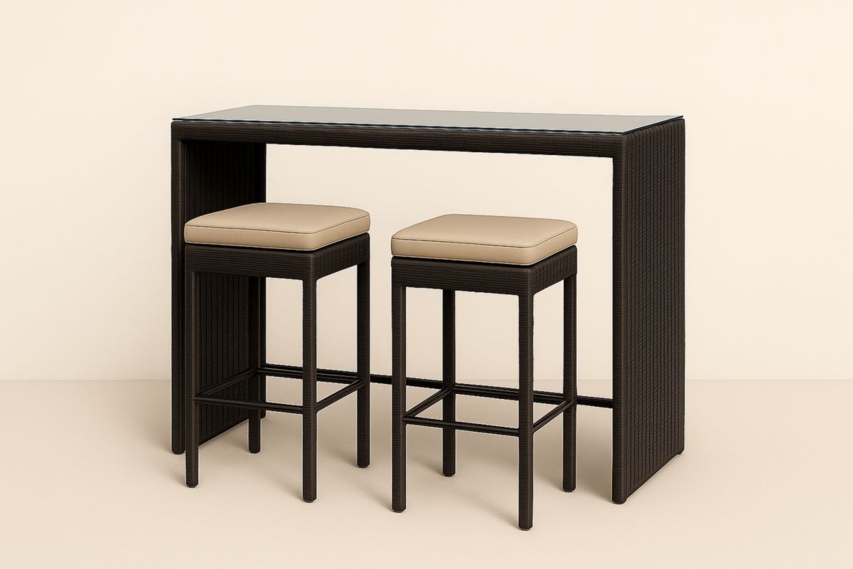 Outdoor Bar Table Set Wicker Frame with Glass Top and Beige Cushions 120cm