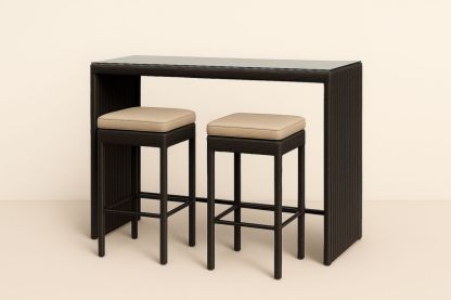 Outdoor Bar Table Set Wicker Frame with Glass Top and Beige Cushions 120cm