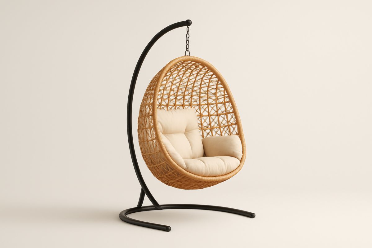 Hanging Egg Chair with Stand Wicker Frame Beige Cushions 105cm