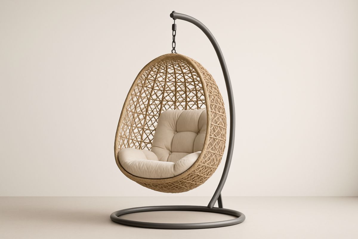 Hanging Egg Chair with Cushion Rattan Steel Frame Natural Beige
