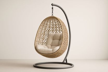 Hanging Egg Chair with Cushion Rattan Steel Frame Natural Beige