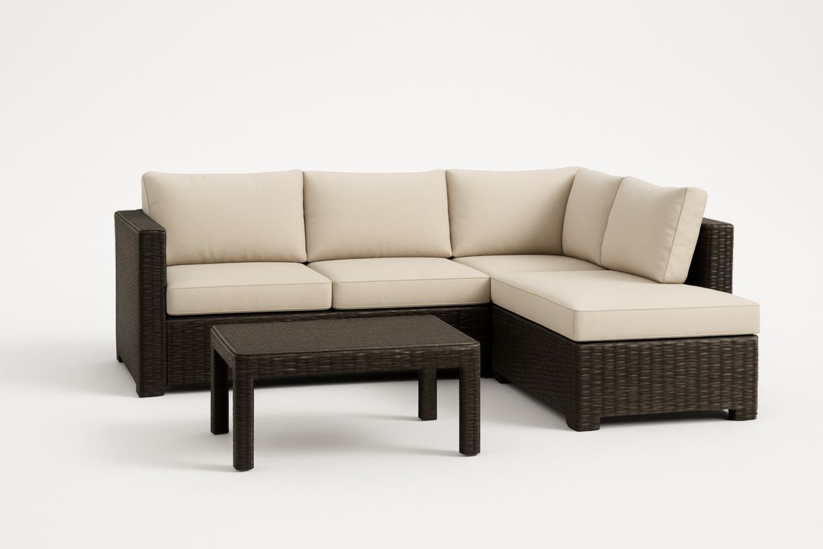 Outdoor Wicker Sofa Set with Coffee Table Beige Cushions