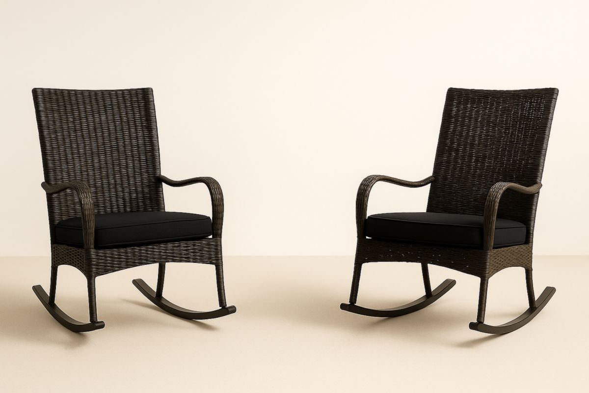Wicker Rocking Chair Set with Black Cushions and Steel Frame 2-Piece