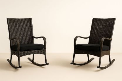 Wicker Rocking Chair Set with Black Cushions and Steel Frame 2-Piece