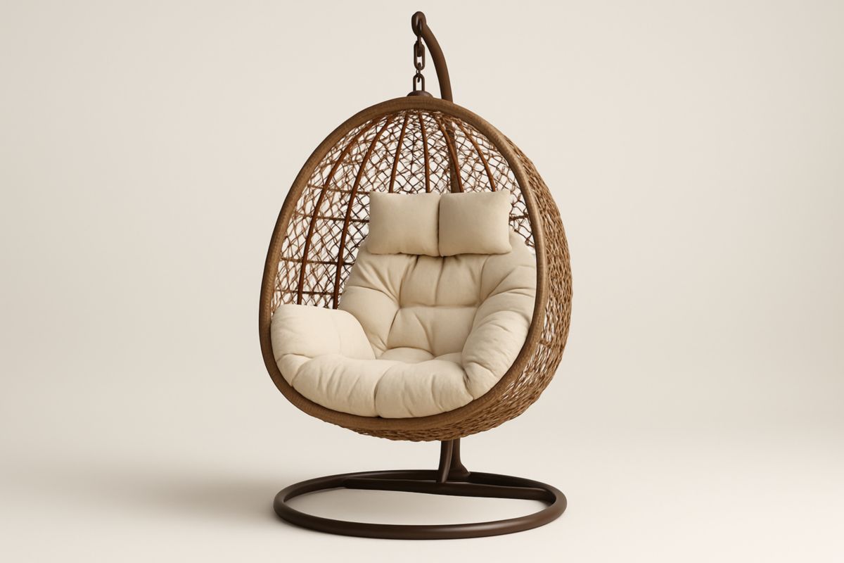 Rattan Hanging Egg Chair with Steel Frame and Beige Cushion