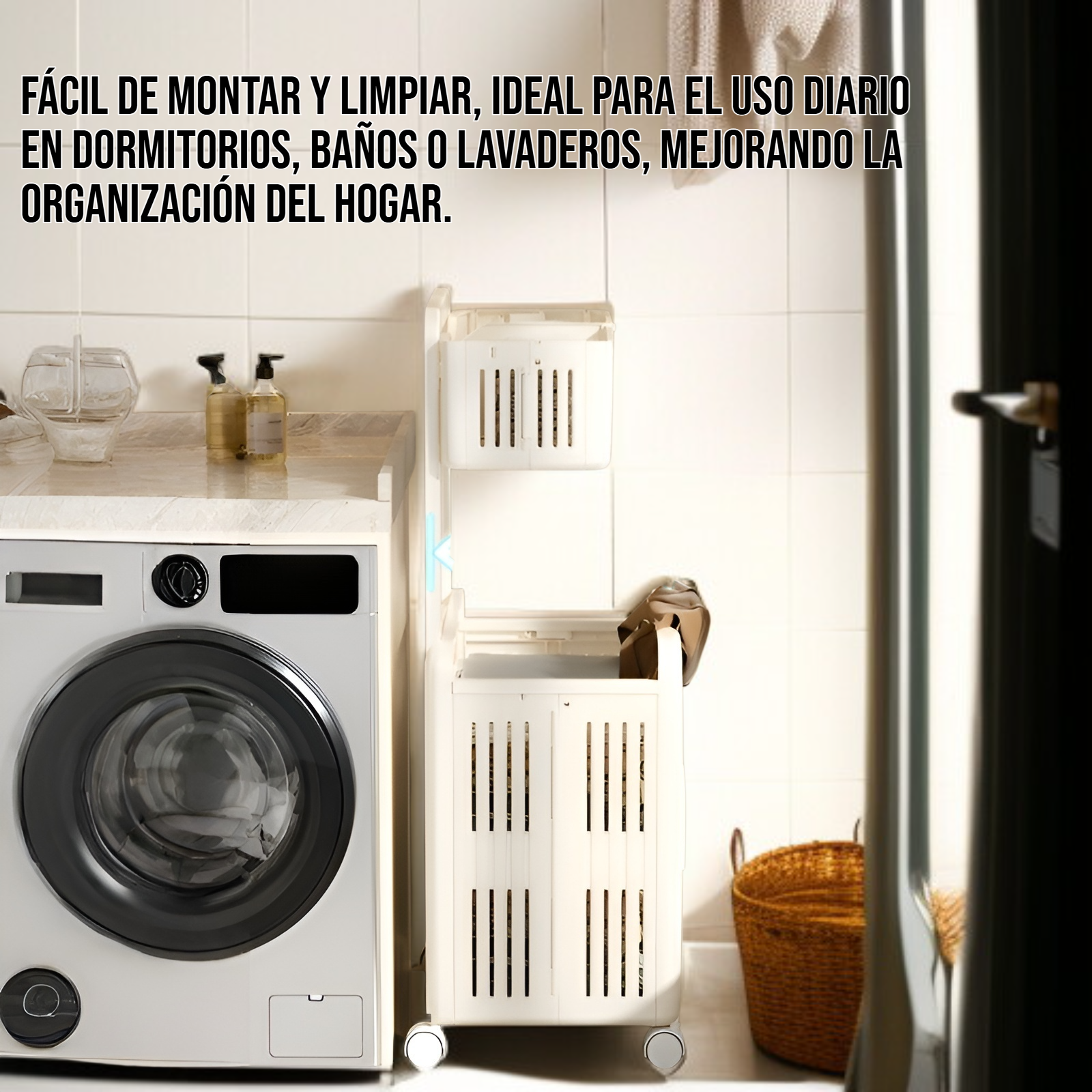 Vista lateral de la cesta de ropa sucia de gran capacidad