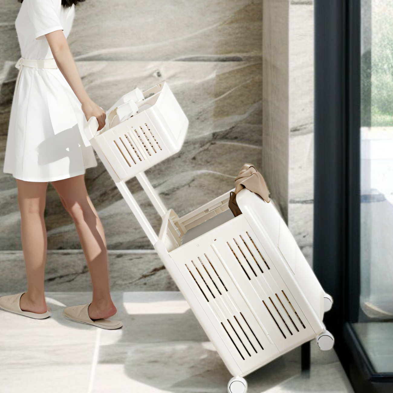 Cesta con ruedas para transportar ropa sucia