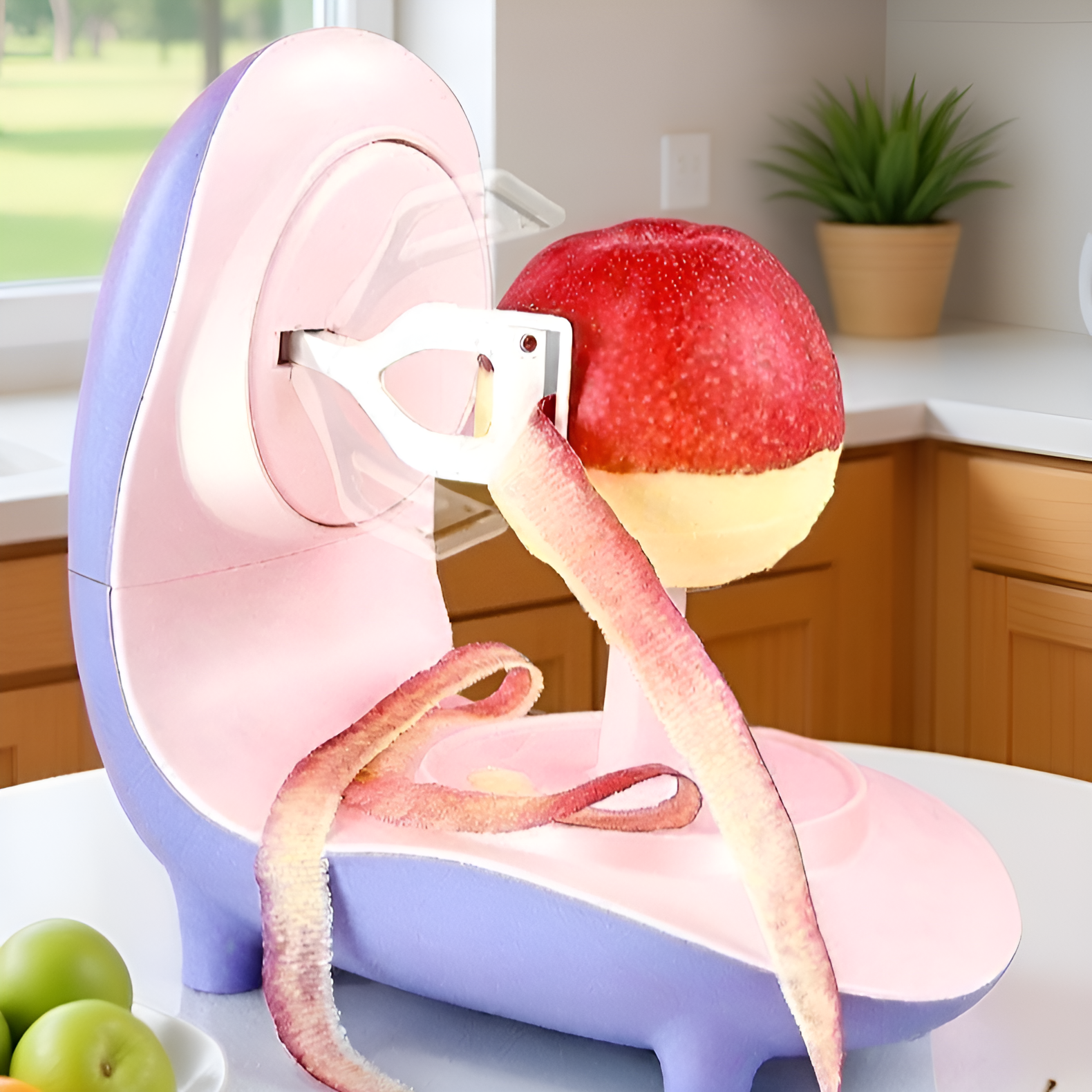 Pelador eléctrico de frutas sobre una mesa de cocina