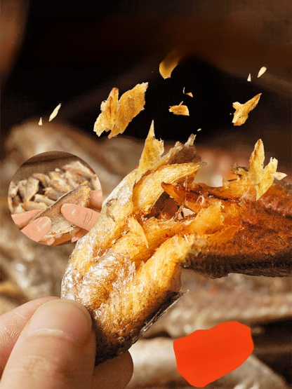 Chips de pescado de aguas profundas ricos en proteínas, tan crujientes que se desmenuzan fácilmente y no es necesario escupir las espinas