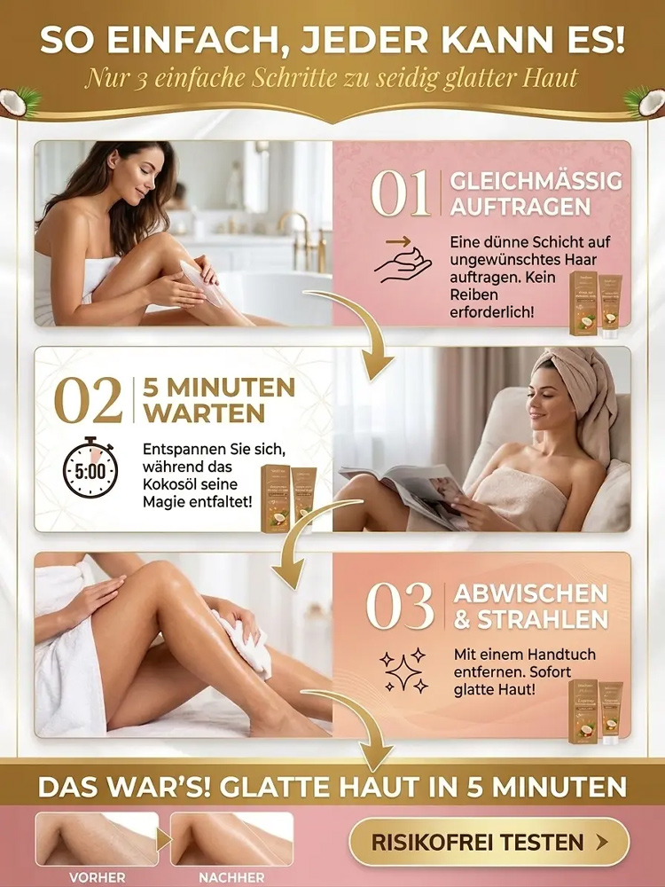 100% natürliche Enthaarungscreme mit Kokosöl✨ Seidenglatte Haut – Ganz ohne Schmerzen!