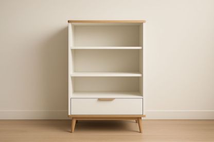 Étagère en bois MDF avec tiroir blanc et bois naturel