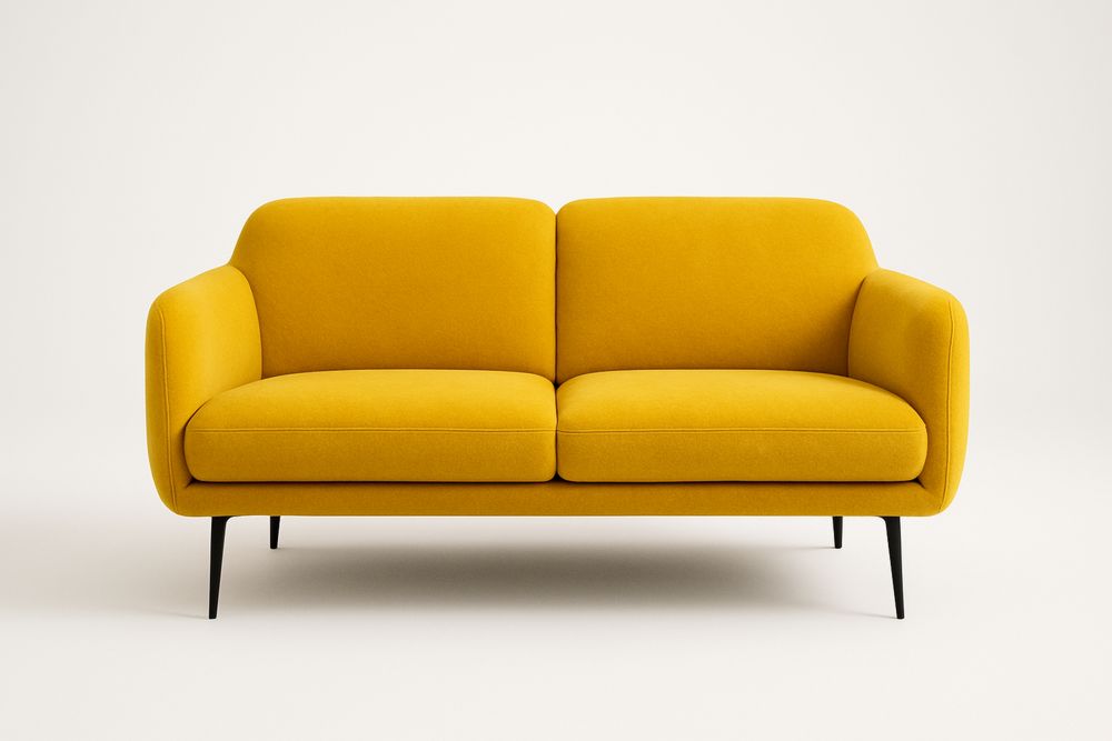 Canapé deux places avec structure en bois massif, revêtement en tissu jaune, pieds en aluminium
