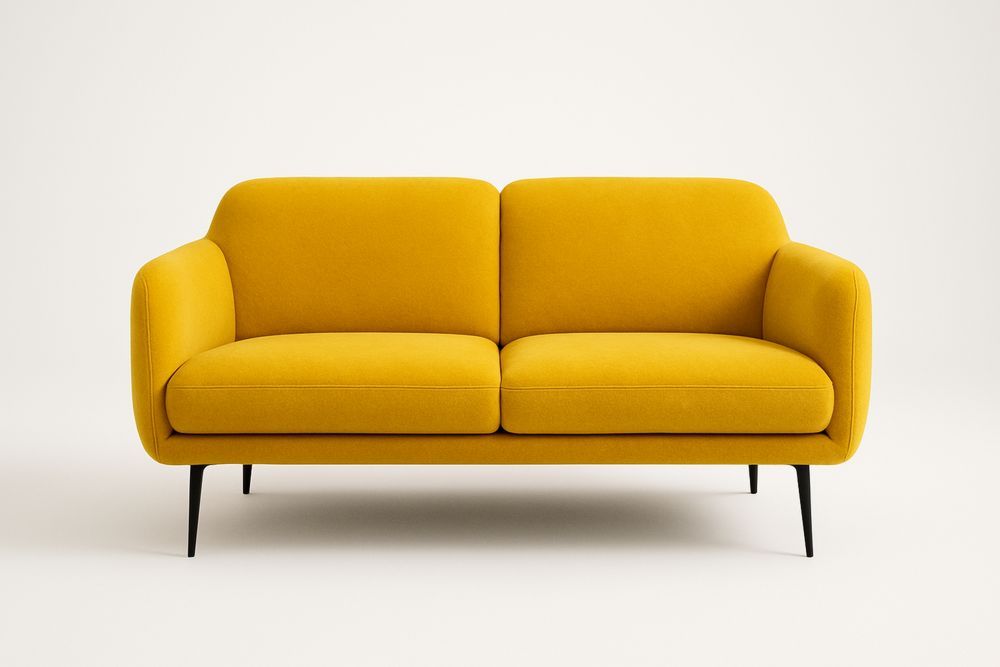 Canapé deux places avec structure en bois massif, revêtement en tissu jaune, pieds en aluminium
